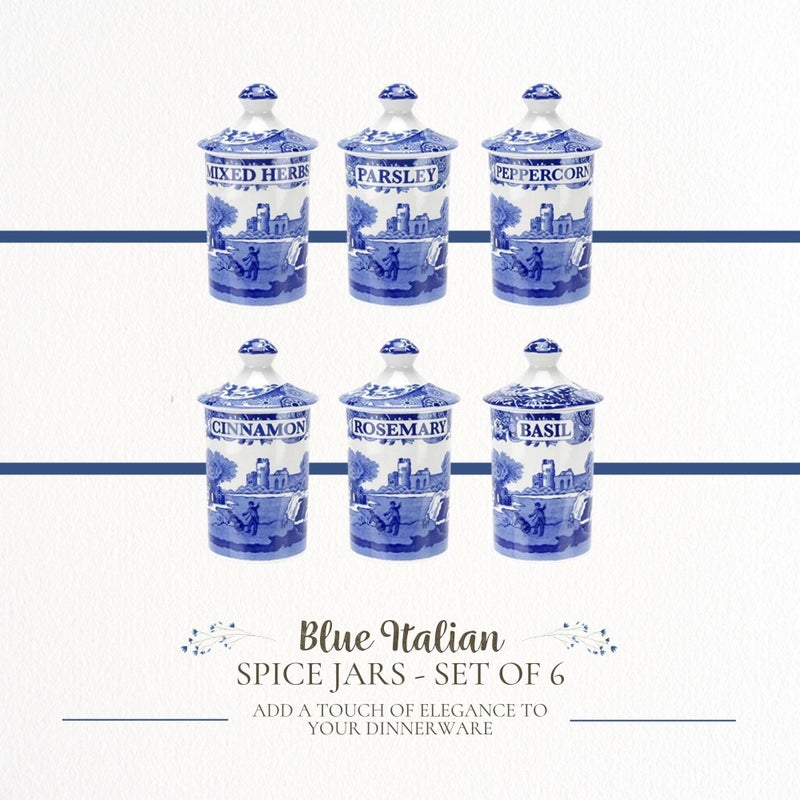 Spode Blue Italian Set of 6 Spice Jars, Fillable Containers for Mixed Herbs, Parsley, Peppercorn, Cinnamon, Rosemary, Basil - Image 2